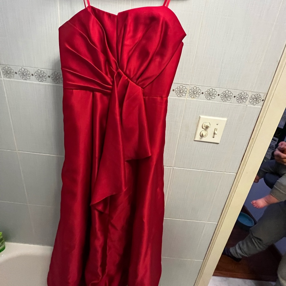 Strapless Red Adrianna Papell Gown with Asymmetrical Neckline